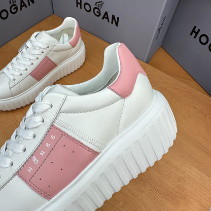 Ladies HOGAN White Pink Patchwork Cow Leather Grooved Platform Elevator Casual Trainers