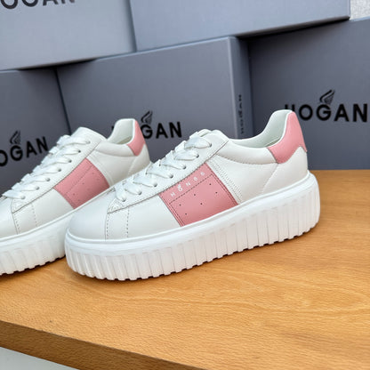 Ladies HOGAN White Pink Patchwork Cow Leather Grooved Platform Elevator Casual Trainers