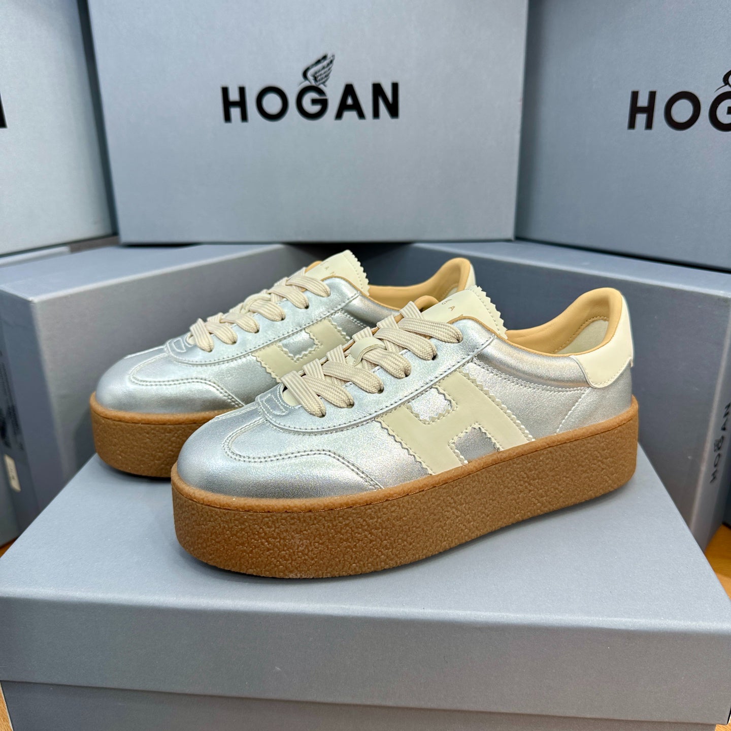 HOGAN Metallic Silver White H Logo Thick Gum Platform Casual Sneakers