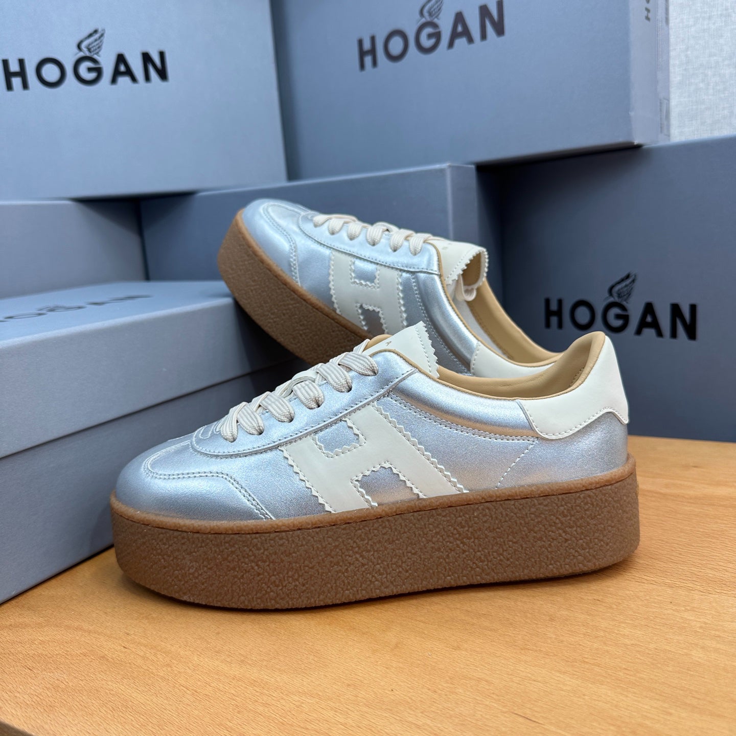 HOGAN Metallic Silver White H Logo Thick Gum Platform Casual Sneakers