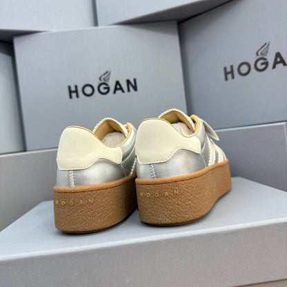 HOGAN Metallic Silver White H Logo Thick Gum Platform Casual Sneakers
