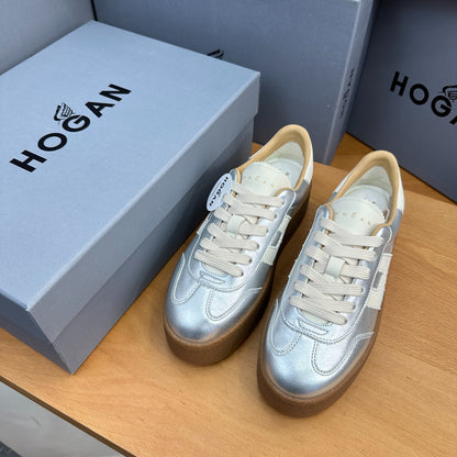 HOGAN Metallic Silver White H Logo Thick Gum Platform Casual Sneakers