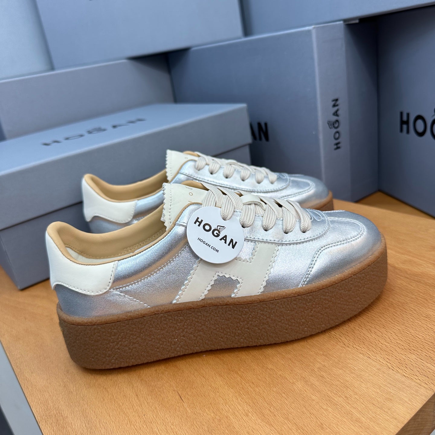 HOGAN Metallic Silver White H Logo Thick Gum Platform Casual Sneakers