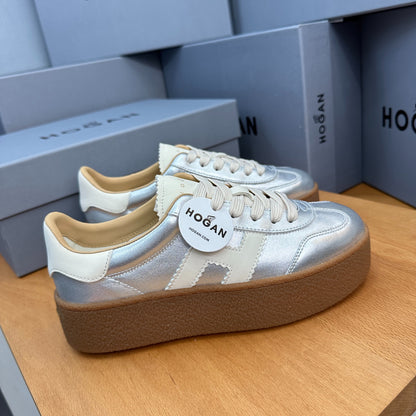 HOGAN Metallic Silver White H Logo Thick Gum Platform Casual Sneakers