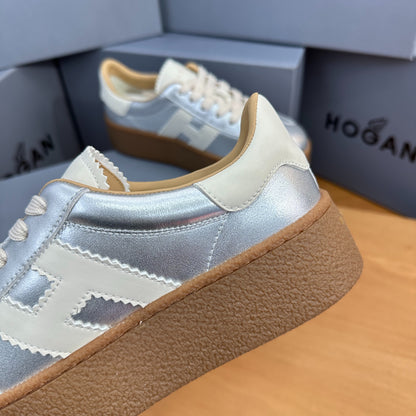 HOGAN Metallic Silver White H Logo Thick Gum Platform Casual Sneakers