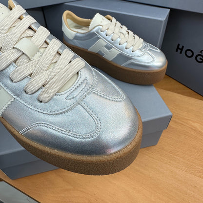 HOGAN Metallic Silver White H Logo Thick Gum Platform Casual Sneakers
