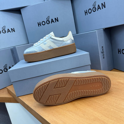 HOGAN Metallic Silver White H Logo Thick Gum Platform Casual Sneakers