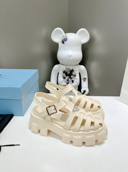 Women Off White Platform Roman Fisherman Sandals Triangle Metal Logo Adjustable Ankle Buckle Casual Shoes