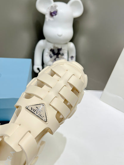 Women Off White Platform Roman Fisherman Sandals Triangle Metal Logo Adjustable Ankle Buckle Casual Shoes