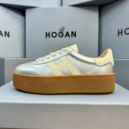 HOGAN Metallic Silver White H Logo Thick Gum Platform Casual Sneakers