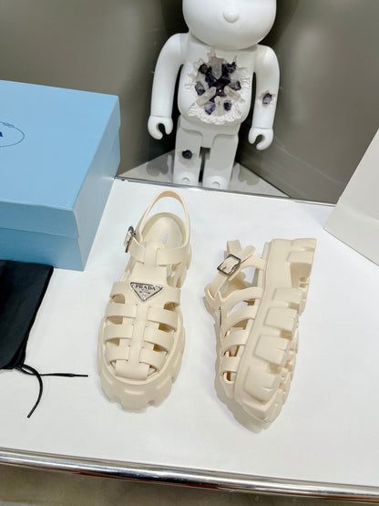 Women Off White Platform Roman Fisherman Sandals Triangle Metal Logo Adjustable Ankle Buckle Casual Shoes