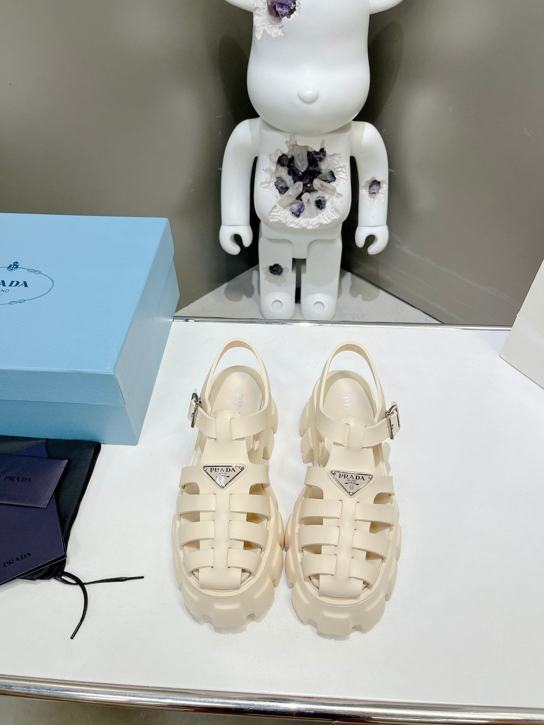 Women Off White Platform Roman Fisherman Sandals Triangle Metal Logo Adjustable Ankle Buckle Casual Shoes