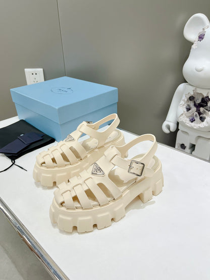 Women Off White Platform Roman Fisherman Sandals Triangle Metal Logo Adjustable Ankle Buckle Casual Shoes