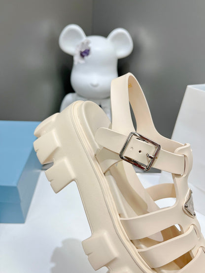 Women Off White Platform Roman Fisherman Sandals Triangle Metal Logo Adjustable Ankle Buckle Casual Shoes