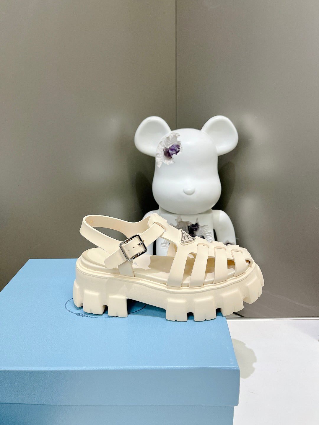 Women Off White Platform Roman Fisherman Sandals Triangle Metal Logo Adjustable Ankle Buckle Casual Shoes