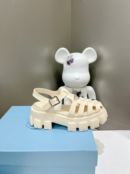 Women Off White Platform Roman Fisherman Sandals Triangle Metal Logo Adjustable Ankle Buckle Casual Shoes
