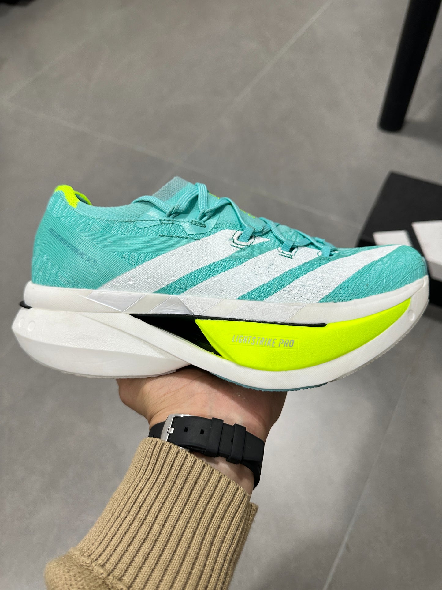 Adidas ADIZERO ADIOS PRO 4 (Turquoise / White / Volt colorway)