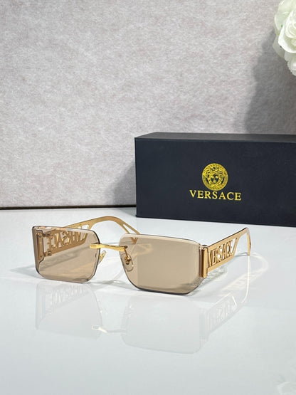 Versace Gold-Tone Rimless Sunglasses with Light Brown Lenses & Medusa Logo Temples