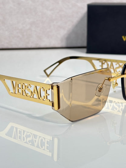 Versace Gold-Tone Rimless Sunglasses with Light Brown Lenses & Medusa Logo Temples