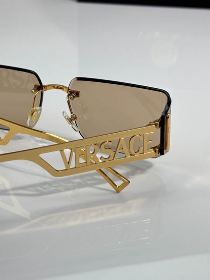 Versace Gold-Tone Rimless Sunglasses with Light Brown Lenses & Medusa Logo Temples