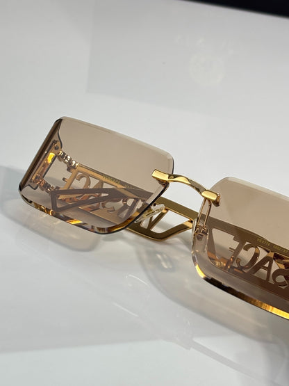 Versace Gold-Tone Rimless Sunglasses with Light Brown Lenses & Medusa Logo Temples