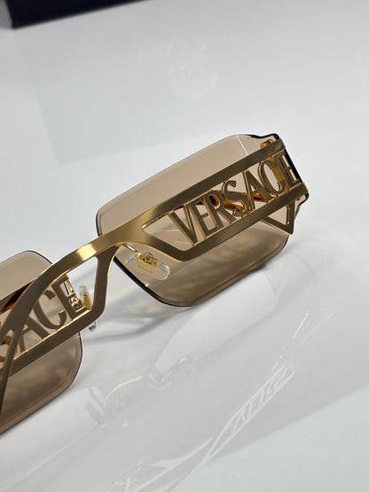 Versace Gold-Tone Rimless Sunglasses with Light Brown Lenses & Medusa Logo Temples