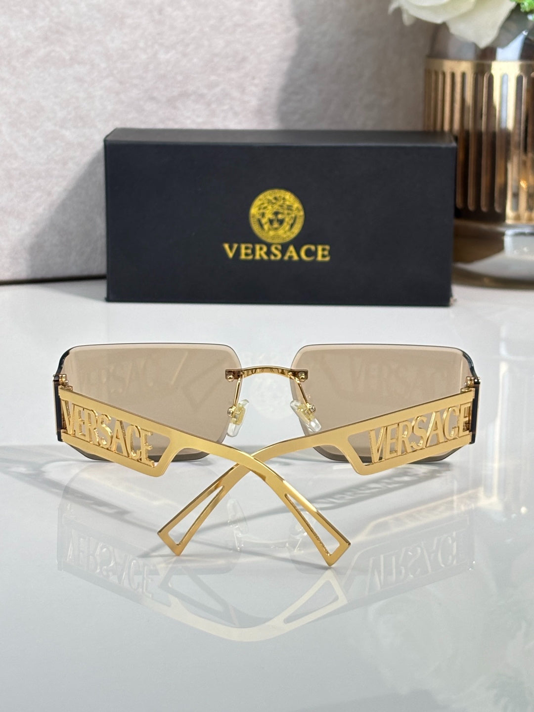 Versace Gold-Tone Rimless Sunglasses with Light Brown Lenses & Medusa Logo Temples