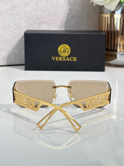 Versace Gold-Tone Rimless Sunglasses with Light Brown Lenses & Medusa Logo Temples