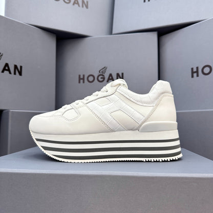 HOGAN White Croc Leather Grey Striped Wedge Platform Sneakers