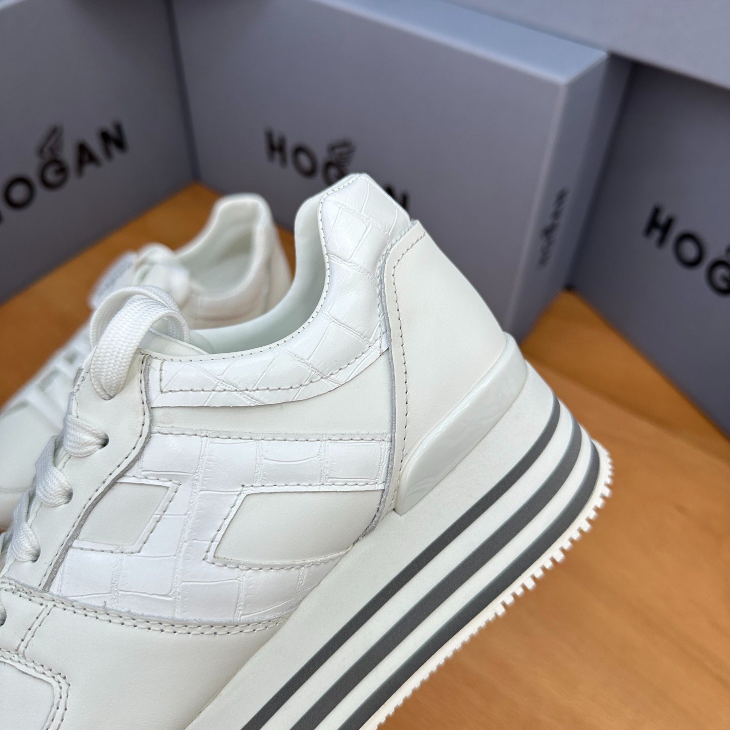 HOGAN White Croc Leather Grey Striped Wedge Platform Sneakers