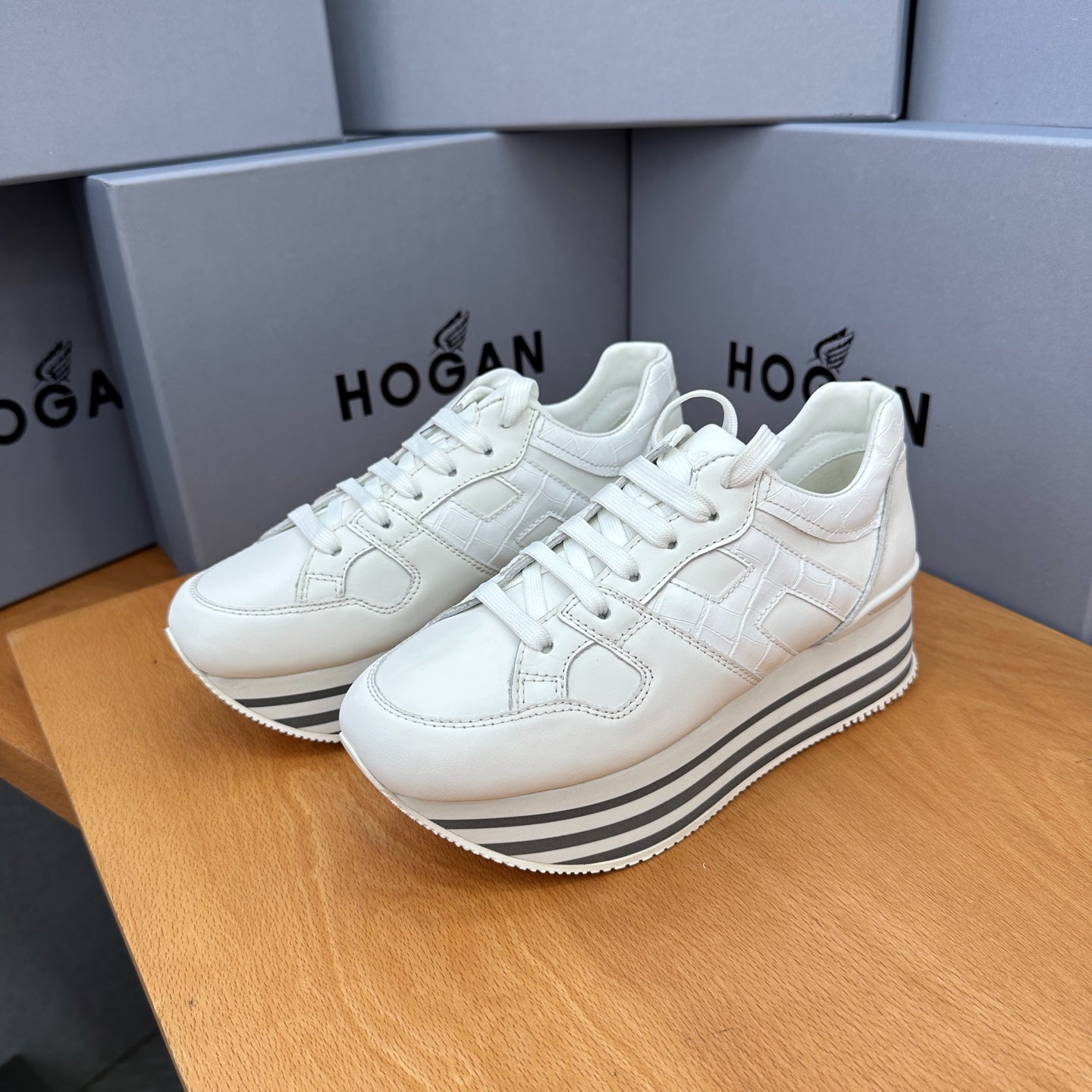 HOGAN White Croc Leather Grey Striped Wedge Platform Sneakers