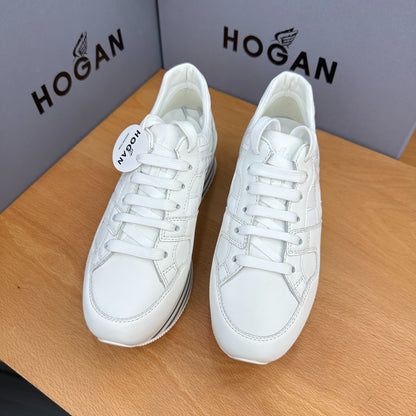HOGAN White Croc Leather Grey Striped Wedge Platform Sneakers
