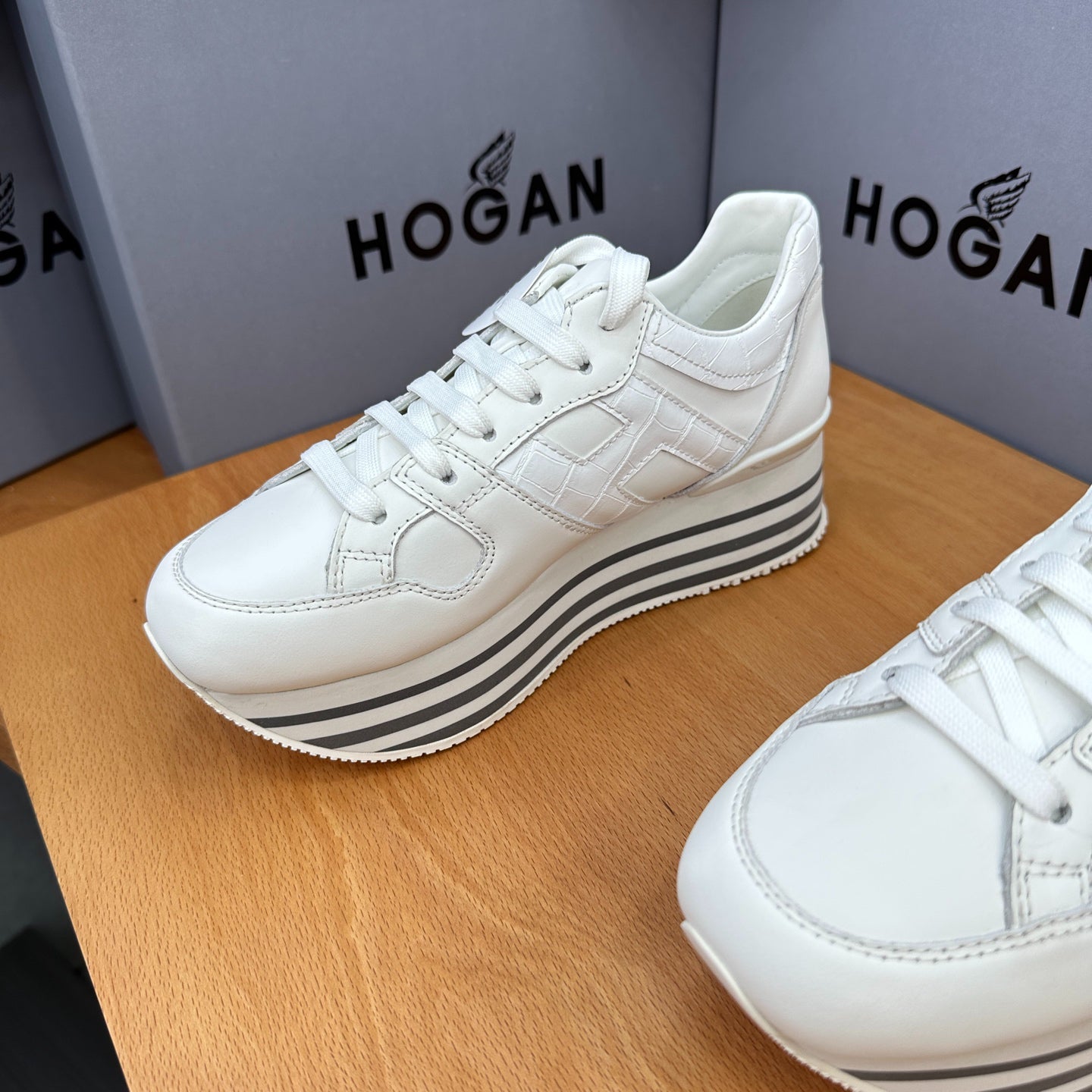 HOGAN White Croc Leather Grey Striped Wedge Platform Sneakers