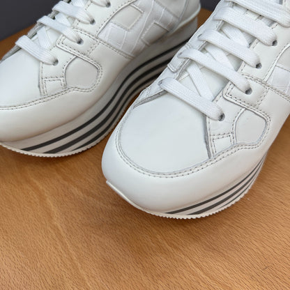 HOGAN White Croc Leather Grey Striped Wedge Platform Sneakers