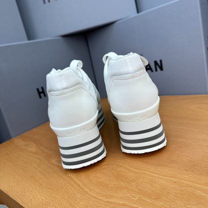 HOGAN White Croc Leather Grey Striped Wedge Platform Sneakers
