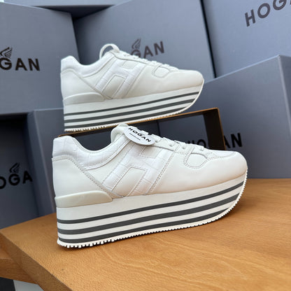 HOGAN White Croc Leather Grey Striped Wedge Platform Sneakers