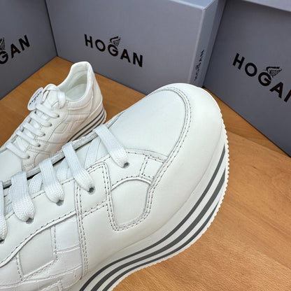 HOGAN White Croc Leather Grey Striped Wedge Platform Sneakers