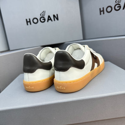 HOGAN White Beige & Brown Leather Gum Sole Retro Casual Sneakers