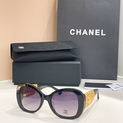 Chanel Black Oversized Sunglasses with Gold-Tone Quilted Temples & Purple Gradient Lenses