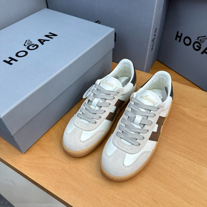 HOGAN White Beige & Brown Leather Gum Sole Retro Casual Sneakers