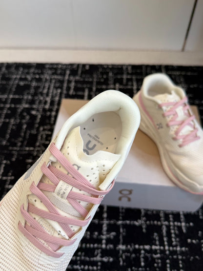 On Cloudmonster Unisex Road Running Sneakers Cream Off White Blush Pink Accent Thick CloudTec Sport Shoes