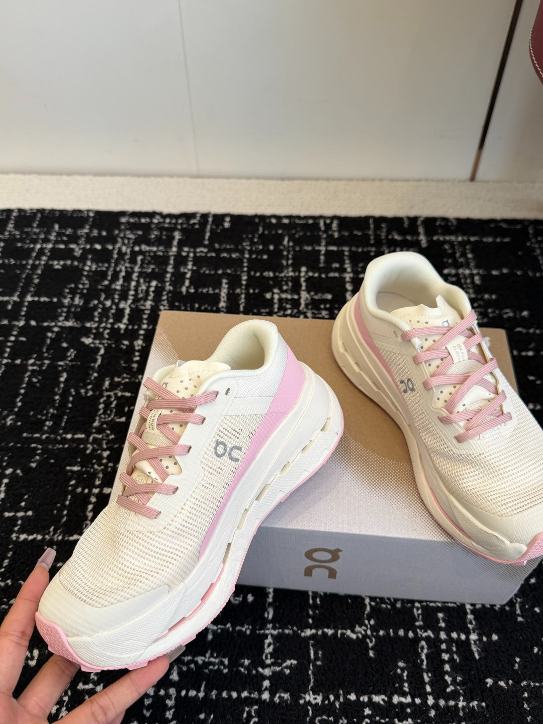 On Cloudmonster Unisex Road Running Sneakers Cream Off White Blush Pink Accent Thick CloudTec Sport Shoes