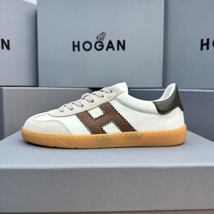 HOGAN White Beige & Brown Leather Gum Sole Retro Casual Sneakers