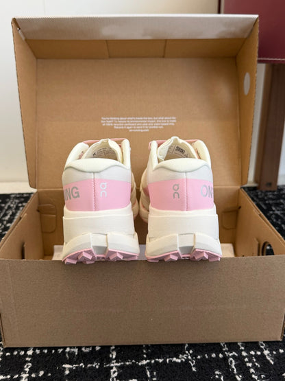 On Cloudmonster Unisex Road Running Sneakers Cream Off White Blush Pink Accent Thick CloudTec Sport Shoes