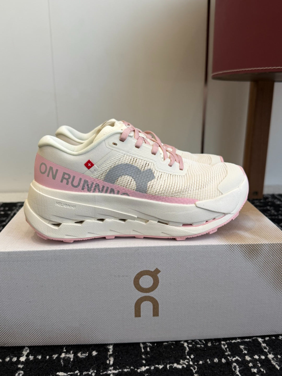 On Cloudmonster Unisex Road Running Sneakers Cream Off White Blush Pink Accent Thick CloudTec Sport Shoes