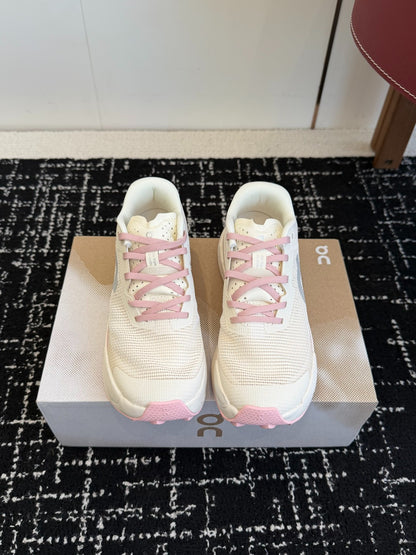 On Cloudmonster Unisex Road Running Sneakers Cream Off White Blush Pink Accent Thick CloudTec Sport Shoes