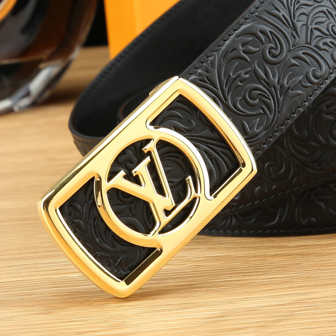 LV Floral Embossed Leather Belt with LV Logo Buckle