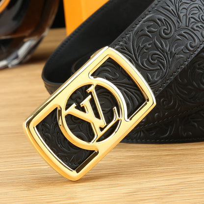 LV Floral Embossed Leather Belt with LV Logo Buckle