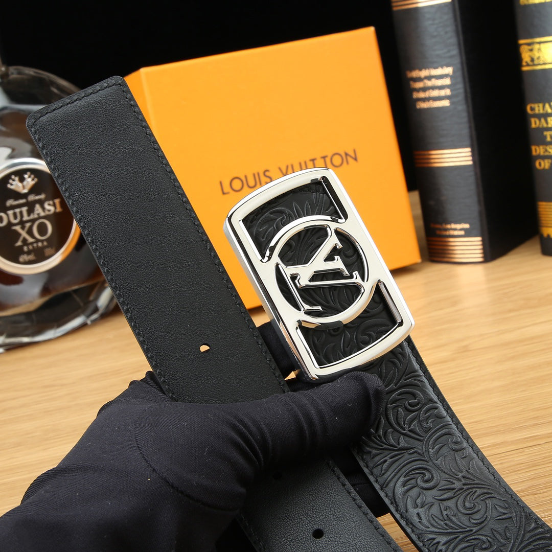 LV Floral Embossed Leather Belt with LV Logo Buckle