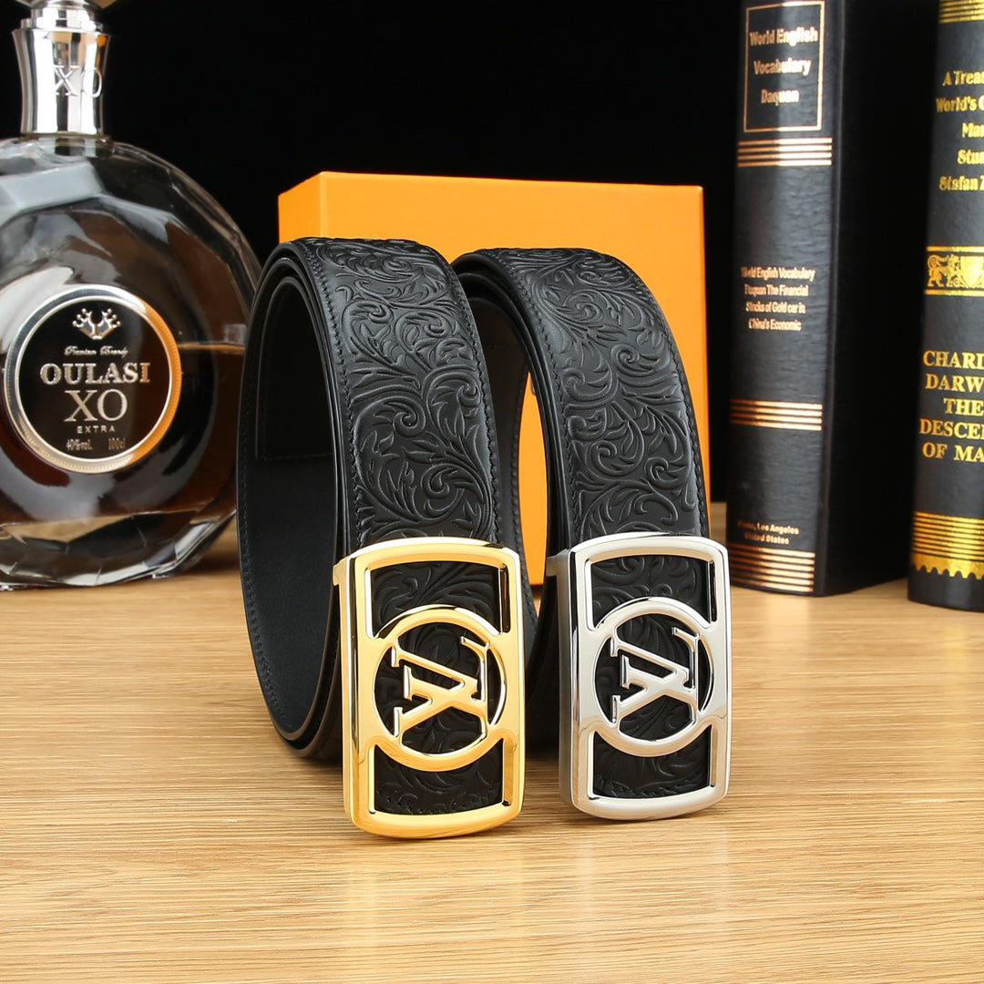LV Floral Embossed Leather Belt with LV Logo Buckle
